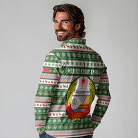 North Korea Christmas Long Sleeve Polo Shirt with Green-Red Design, National Emblem, and Festive Snowflake Motif - Wonder Print Shop