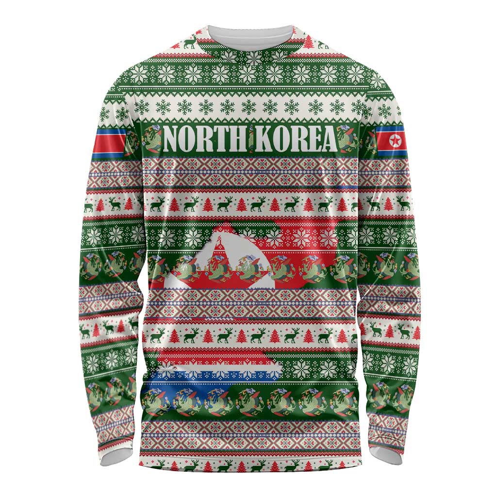North Korea Christmas Long Sleeve Shirt with Green-Red Design, National Emblem, and Festive Snowflake Motif - Wonder Print Shop