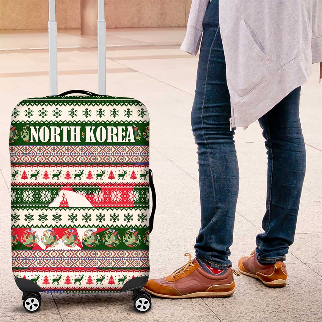 North Korea Christmas Luggage Cover with Green-Red Design, National Emblem, and Festive Snowflake Motif - Wonder Print Shop