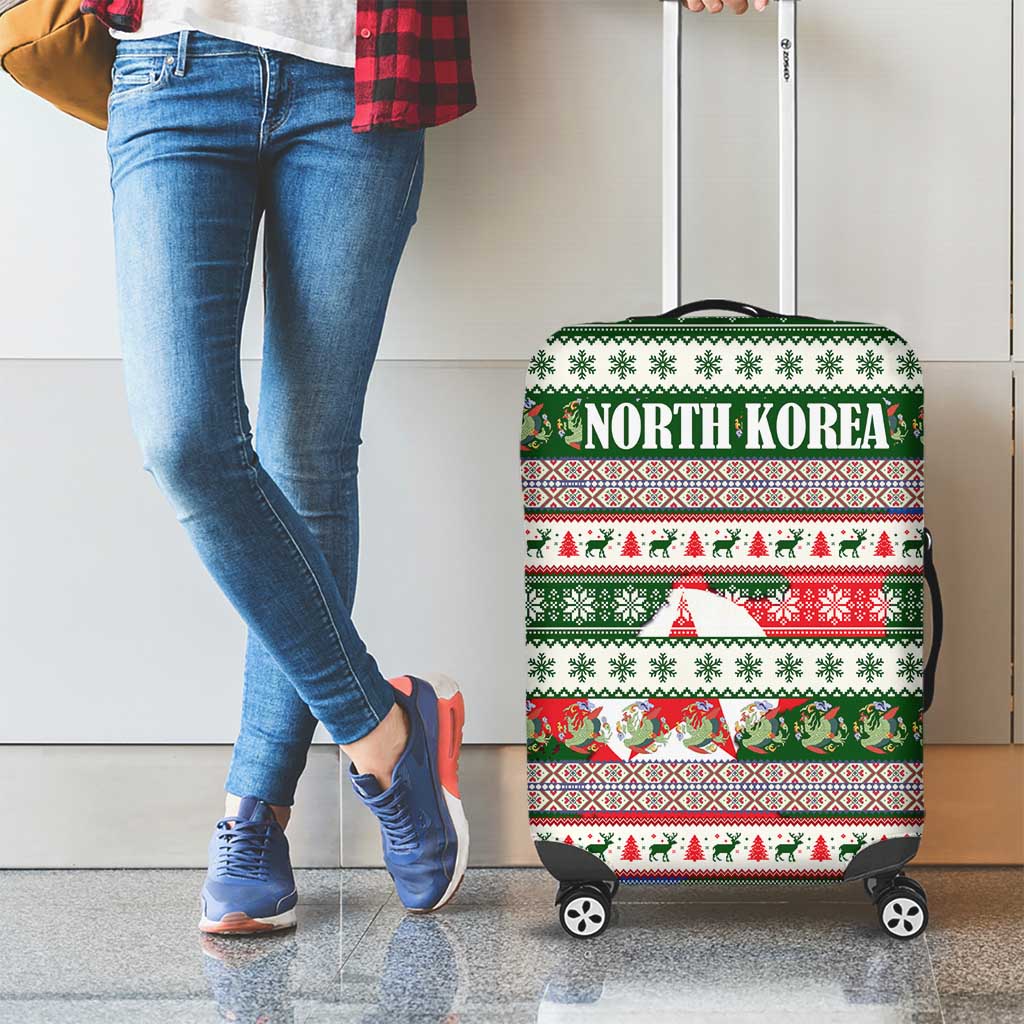 North Korea Christmas Luggage Cover with Green-Red Design, National Emblem, and Festive Snowflake Motif - Wonder Print Shop