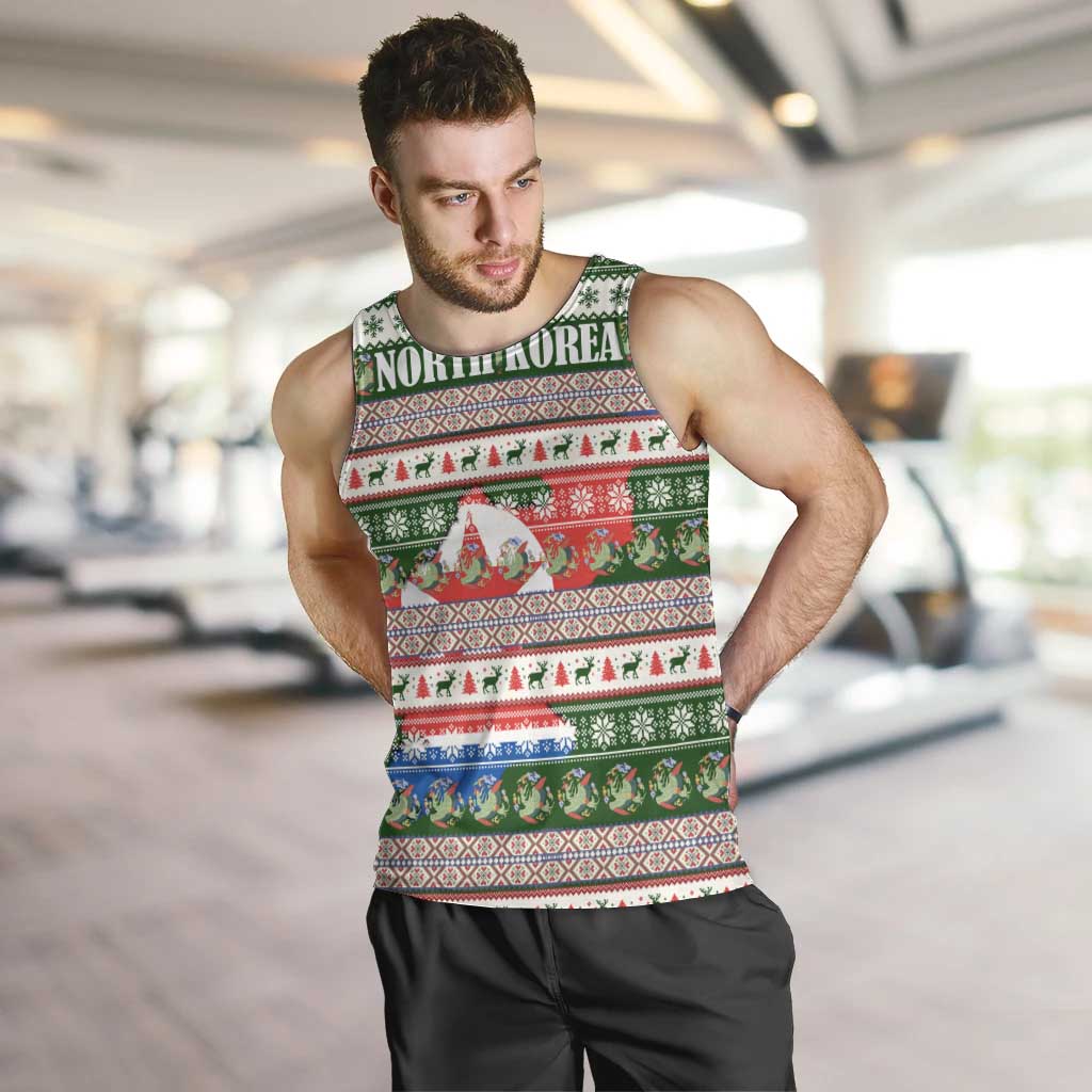 North Korea Christmas Men Tank Top with Green-Red Design, National Emblem, and Festive Snowflake Motif - Wonder Print Shop