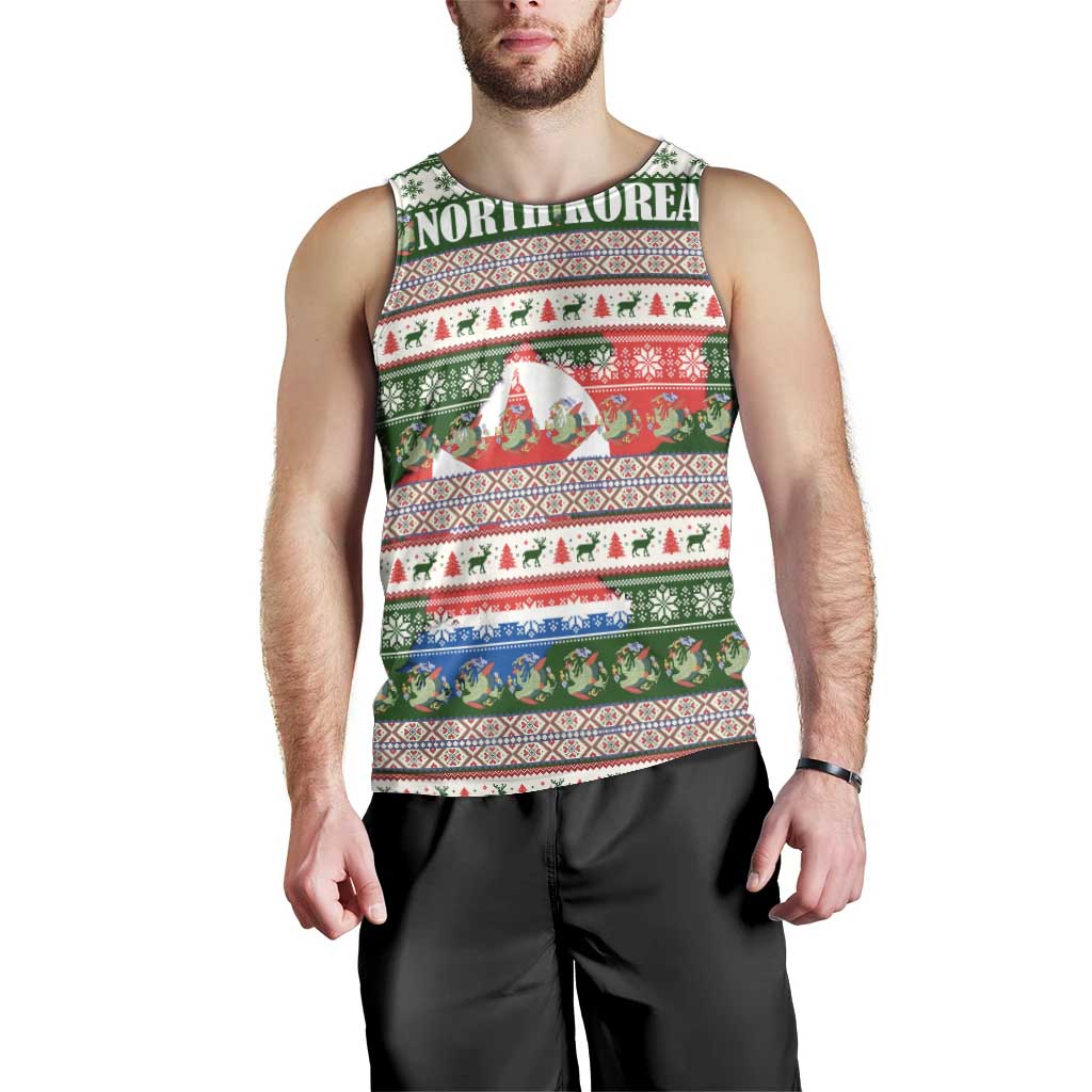 North Korea Christmas Men Tank Top with Green-Red Design, National Emblem, and Festive Snowflake Motif - Wonder Print Shop