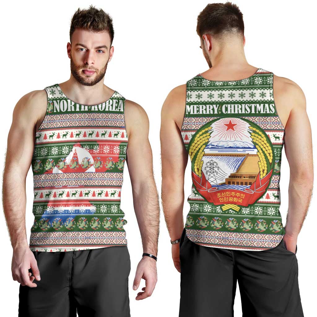 North Korea Christmas Men Tank Top with Green-Red Design, National Emblem, and Festive Snowflake Motif - Wonder Print Shop