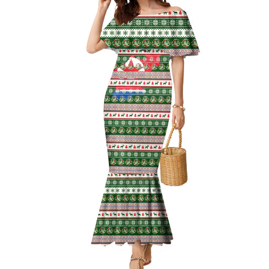 North Korea Christmas Mermaid Dress with Green-Red Design, National Emblem, and Festive Snowflake Motif - Wonder Print Shop