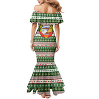 North Korea Christmas Mermaid Dress with Green-Red Design, National Emblem, and Festive Snowflake Motif - Wonder Print Shop