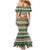 North Korea Christmas Mermaid Dress with Green-Red Design, National Emblem, and Festive Snowflake Motif - Wonder Print Shop