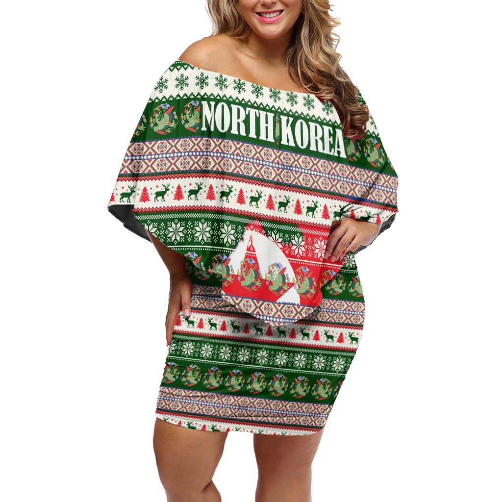 North Korea Christmas Off Shoulder Short Dress with Green-Red Design, National Emblem, and Festive Snowflake Motif - Wonder Print Shop