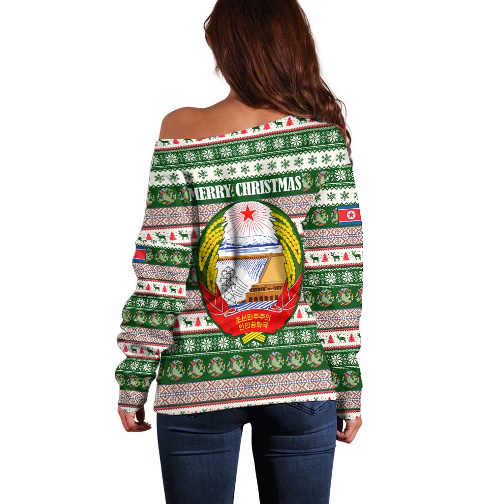 North Korea Christmas Off Shoulder Sweater with Green-Red Design, National Emblem, and Festive Snowflake Motif - Wonder Print Shop