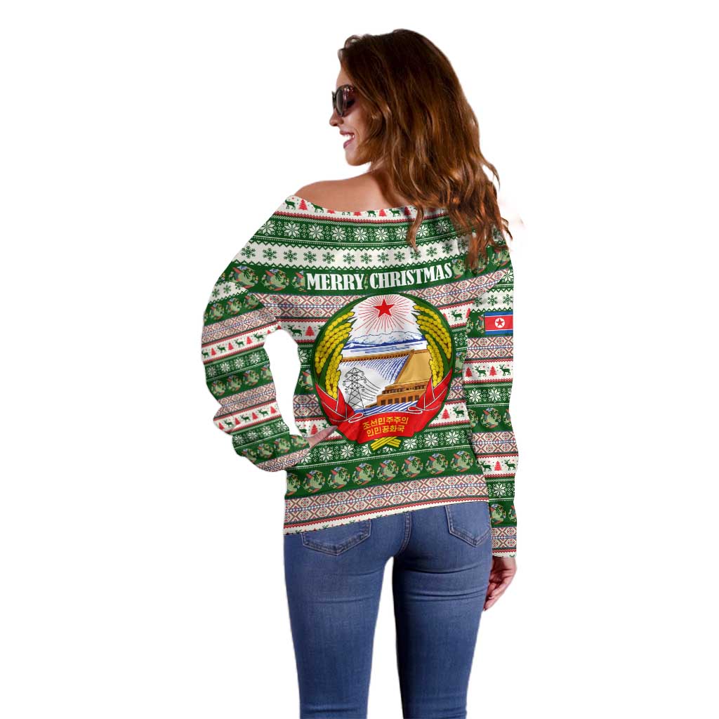 North Korea Christmas Off Shoulder Sweater with Green-Red Design, National Emblem, and Festive Snowflake Motif - Wonder Print Shop