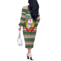 North Korea Christmas Off The Shoulder Long Sleeve Dress with Green-Red Design, National Emblem, and Festive Snowflake Motif - Wonder Print Shop