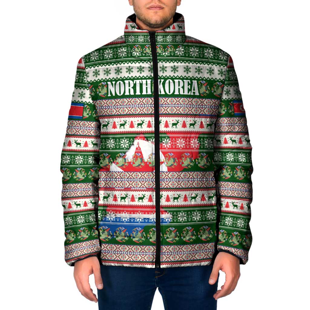 North Korea Christmas Padded Jacket with Green-Red Design, National Emblem, and Festive Snowflake Motif - Wonder Print Shop