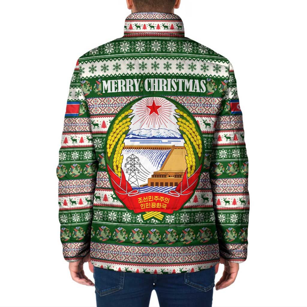 North Korea Christmas Padded Jacket with Green-Red Design, National Emblem, and Festive Snowflake Motif - Wonder Print Shop