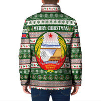 North Korea Christmas Padded Jacket with Green-Red Design, National Emblem, and Festive Snowflake Motif - Wonder Print Shop