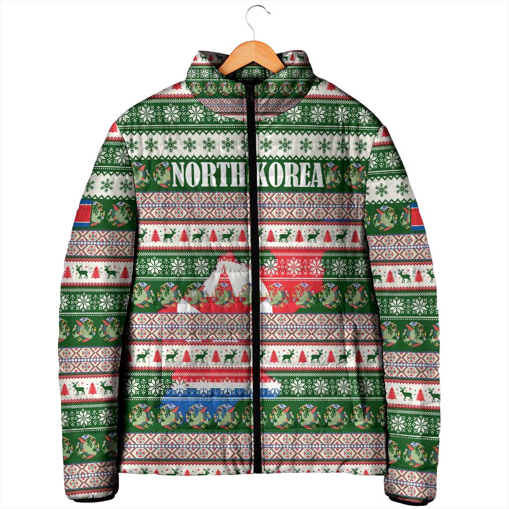 North Korea Christmas Padded Jacket with Green-Red Design, National Emblem, and Festive Snowflake Motif - Wonder Print Shop