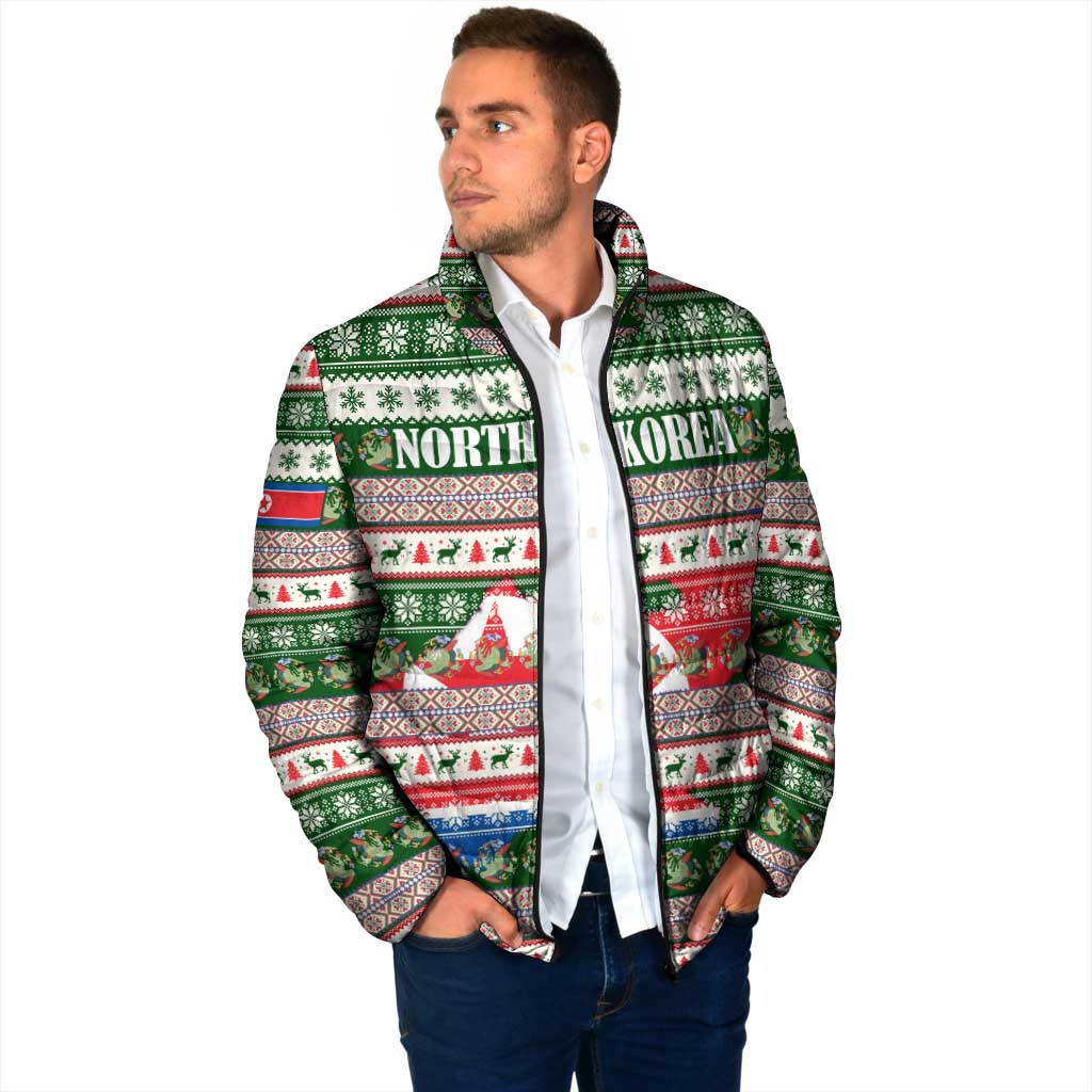 North Korea Christmas Padded Jacket with Green-Red Design, National Emblem, and Festive Snowflake Motif - Wonder Print Shop