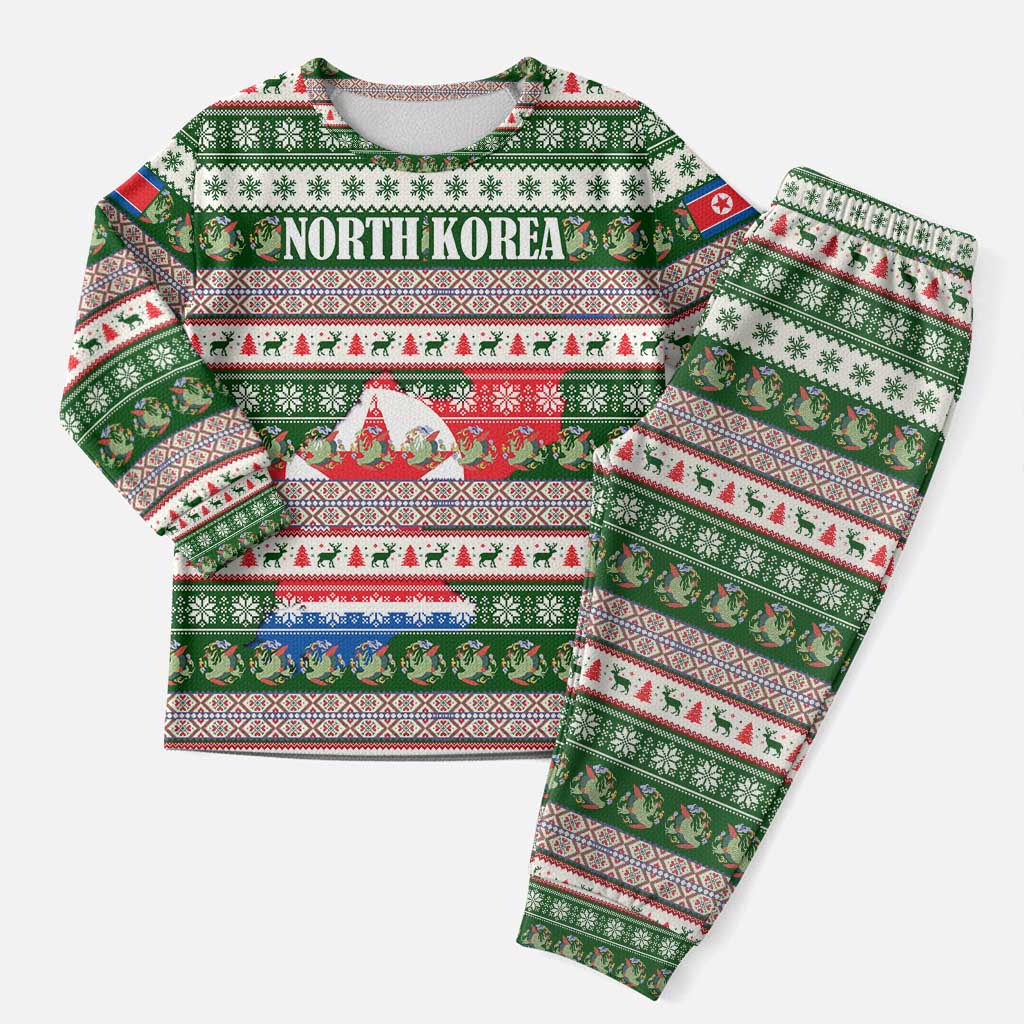 North Korea Christmas Pajama Set with Green-Red Design, National Emblem, and Festive Snowflake Motif - Wonder Print Shop