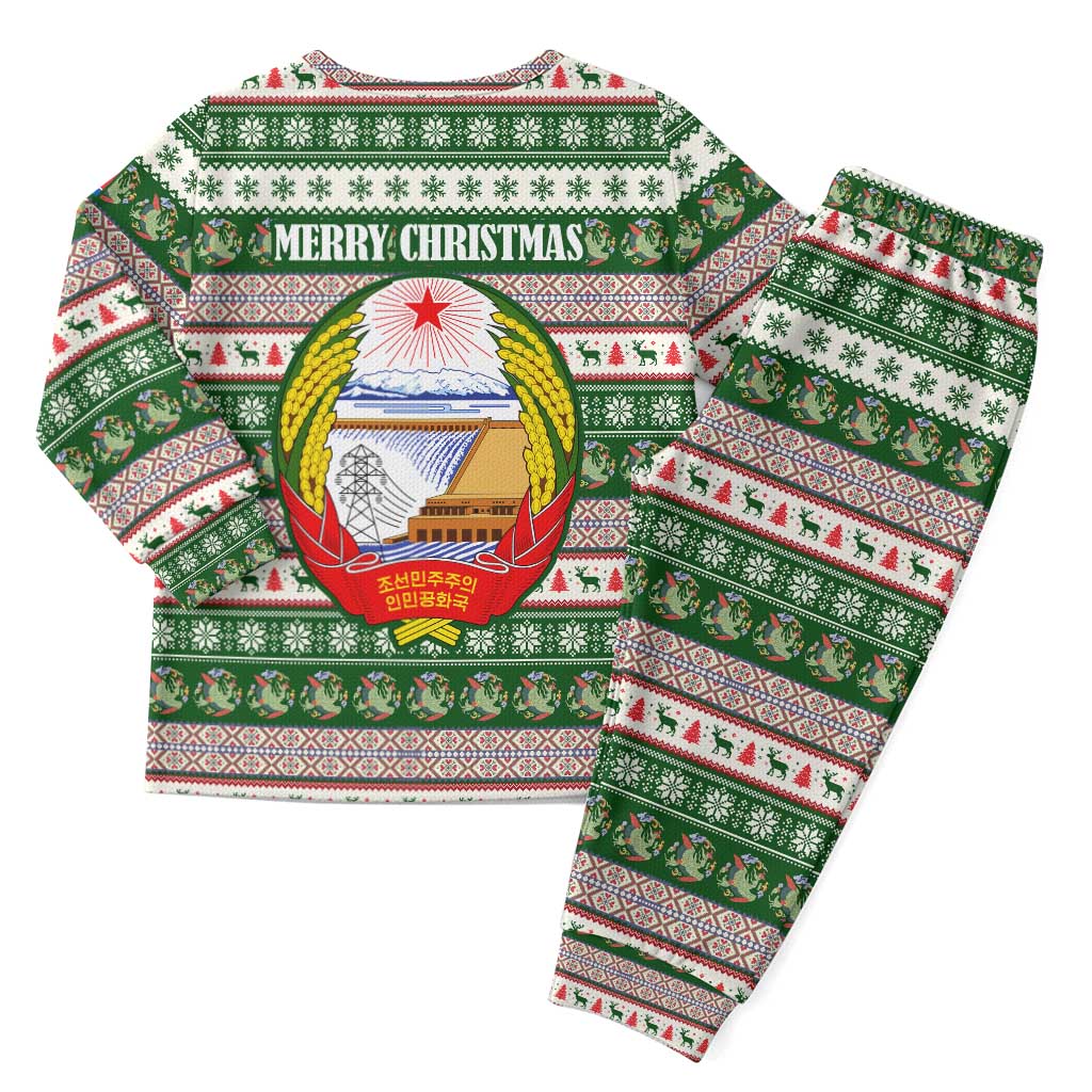 North Korea Christmas Pajama Set with Green-Red Design, National Emblem, and Festive Snowflake Motif - Wonder Print Shop