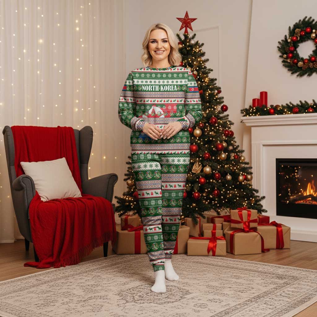 North Korea Christmas Pajama Set with Green-Red Design, National Emblem, and Festive Snowflake Motif - Wonder Print Shop
