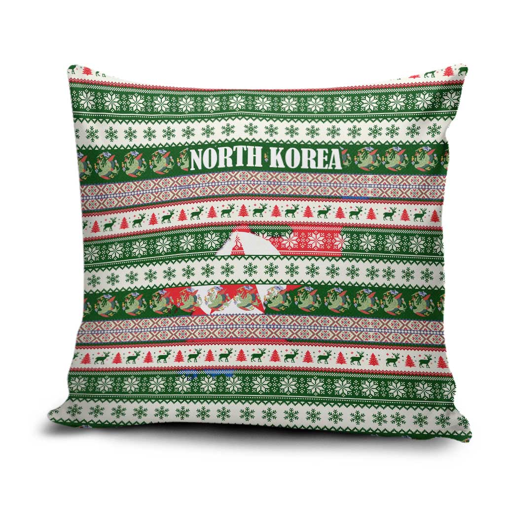 North Korea Christmas Pillow Cover with Green-Red Design, National Emblem, and Festive Snowflake Motif - Wonder Print Shop