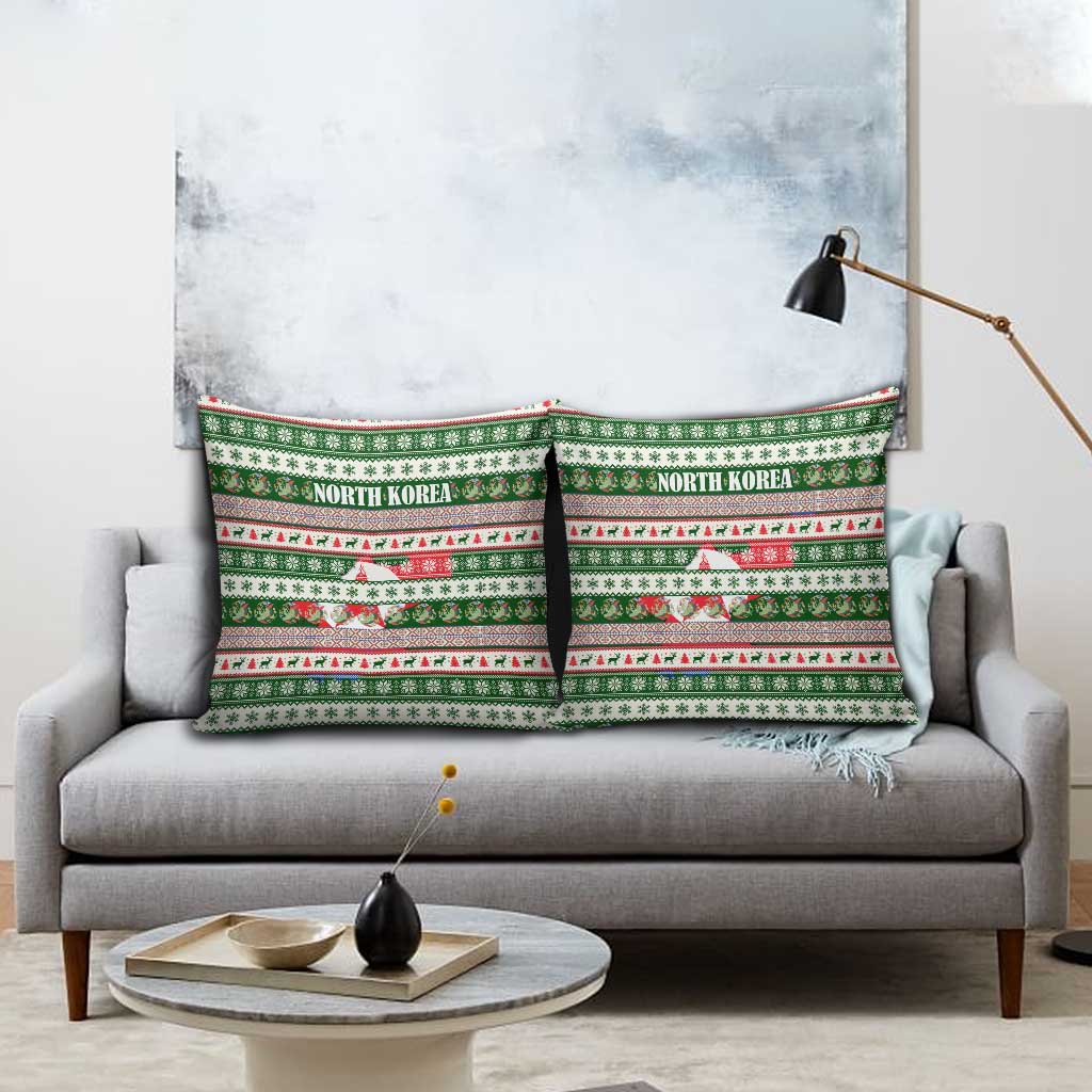 North Korea Christmas Pillow Cover with Green-Red Design, National Emblem, and Festive Snowflake Motif - Wonder Print Shop