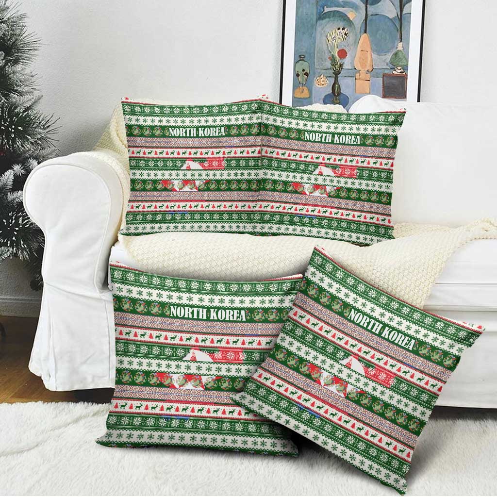 North Korea Christmas Pillow Cover with Green-Red Design, National Emblem, and Festive Snowflake Motif - Wonder Print Shop