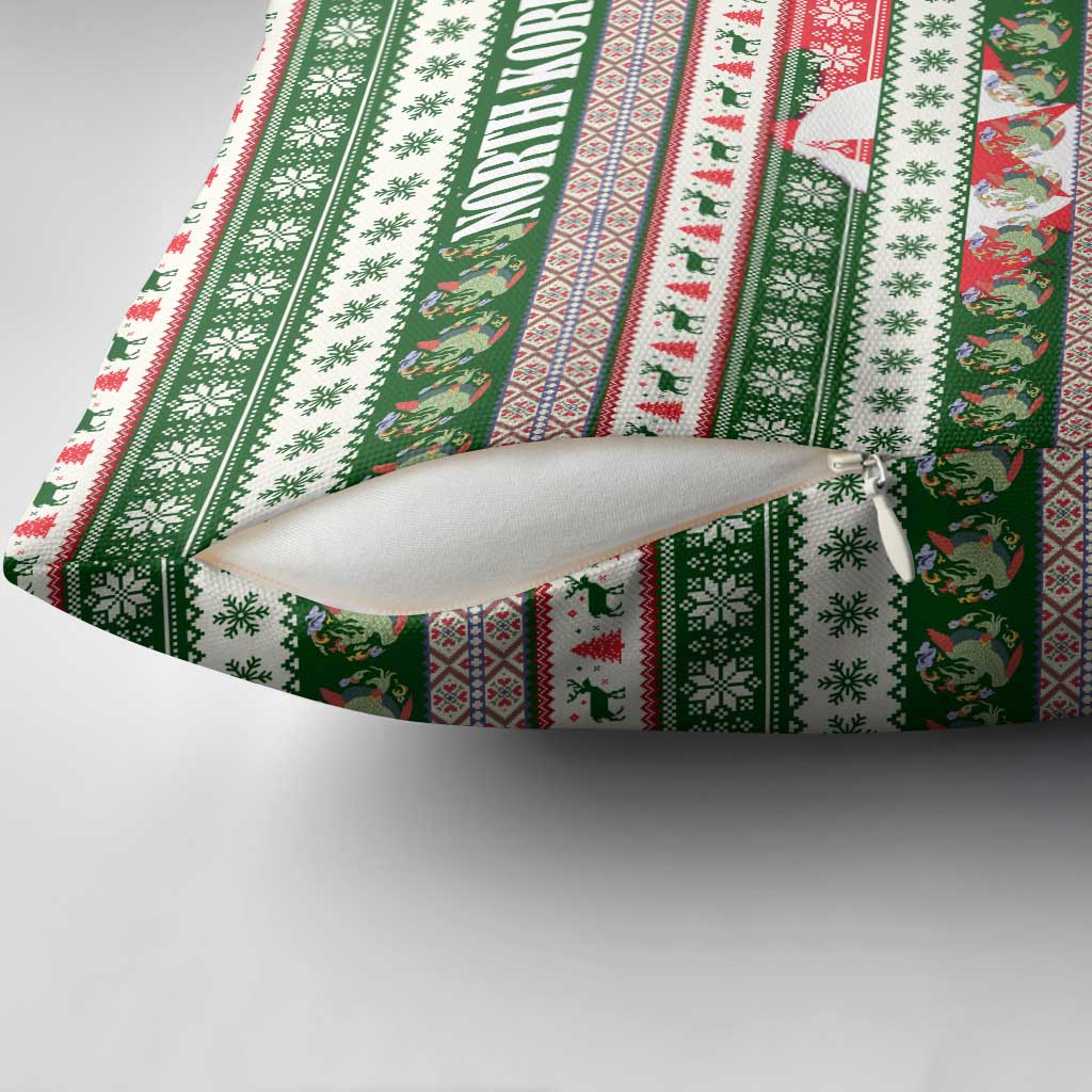 North Korea Christmas Pillow Cover with Green-Red Design, National Emblem, and Festive Snowflake Motif - Wonder Print Shop