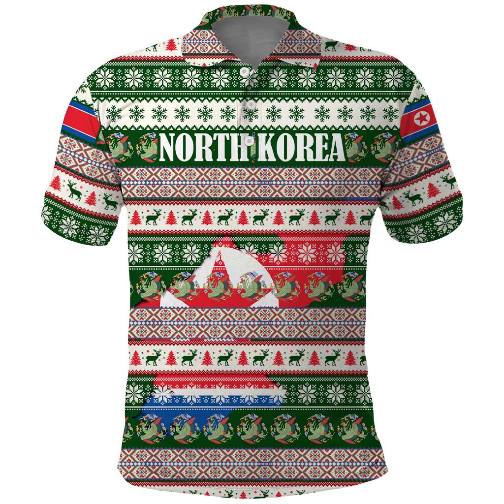North Korea Christmas Polo Shirt with Green-Red Design, National Emblem, and Festive Snowflake Motif - Wonder Print Shop