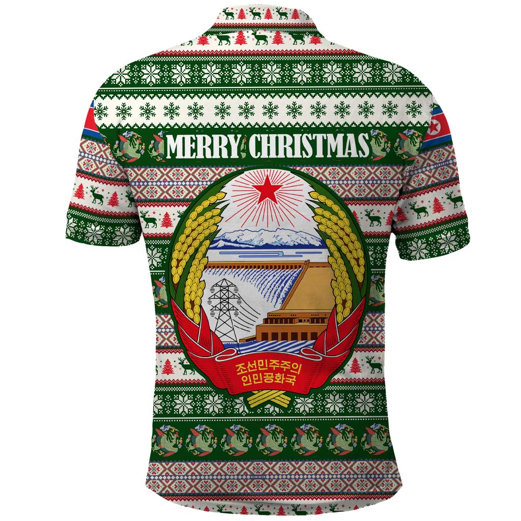 North Korea Christmas Polo Shirt with Green-Red Design, National Emblem, and Festive Snowflake Motif - Wonder Print Shop