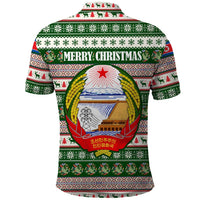 North Korea Christmas Polo Shirt with Green-Red Design, National Emblem, and Festive Snowflake Motif - Wonder Print Shop
