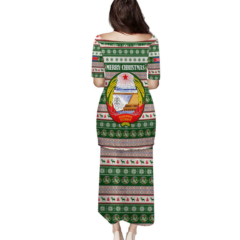 North Korea Christmas Puletasi with Green-Red Design, National Emblem, and Festive Snowflake Motif - Wonder Print Shop