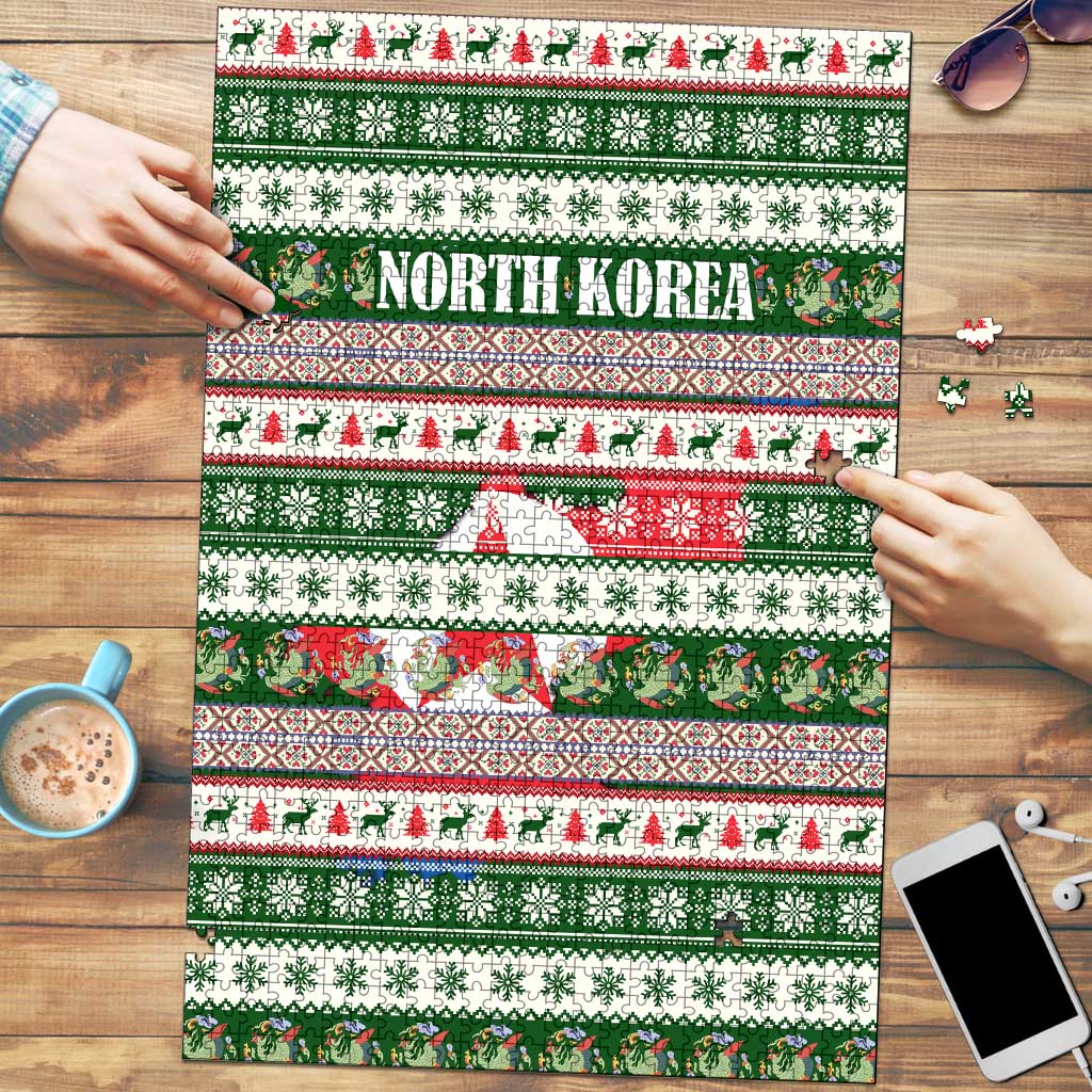 North Korea Christmas Puzzle with Green-Red Design, National Emblem, and Festive Snowflake Motif - Wonder Print Shop