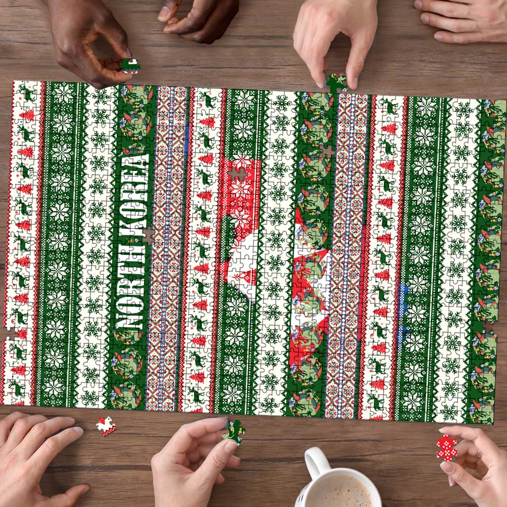 North Korea Christmas Puzzle with Green-Red Design, National Emblem, and Festive Snowflake Motif - Wonder Print Shop
