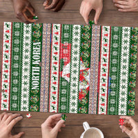 North Korea Christmas Puzzle with Green-Red Design, National Emblem, and Festive Snowflake Motif - Wonder Print Shop