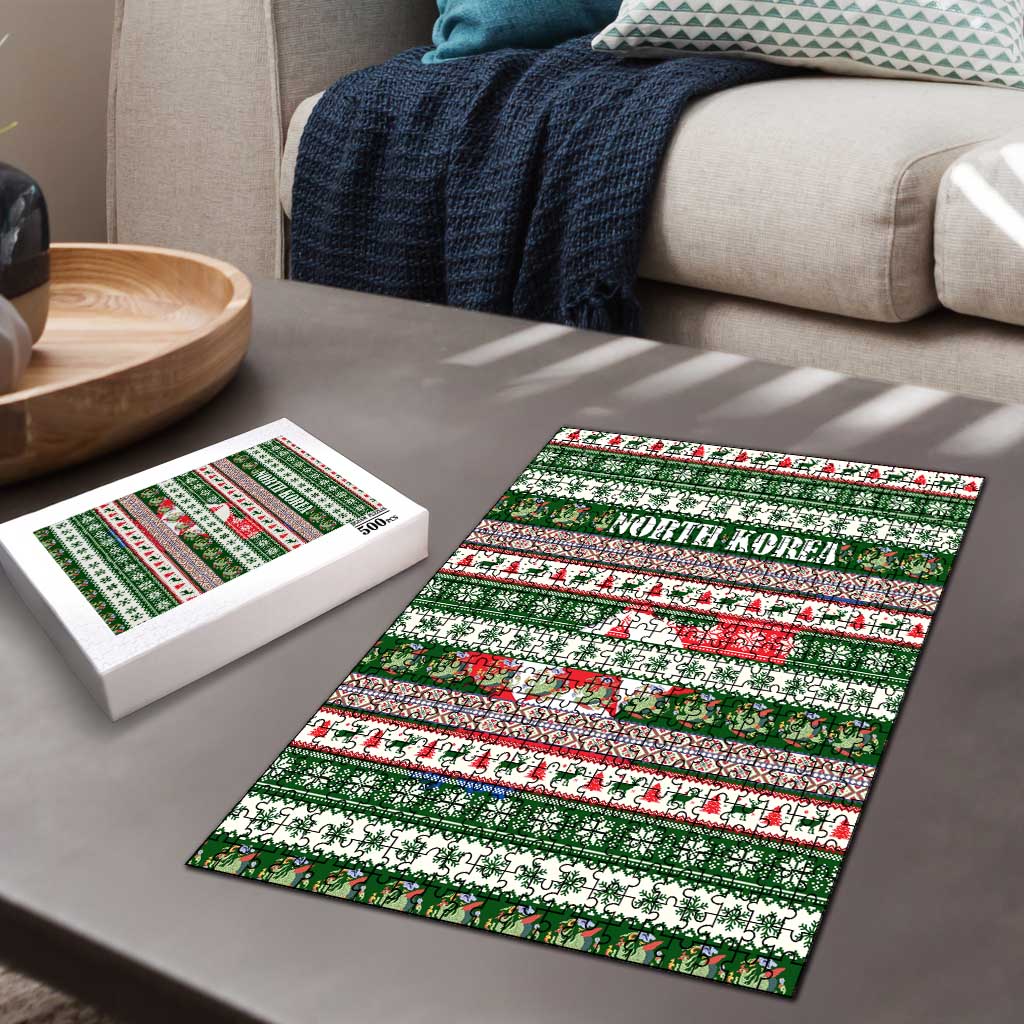 North Korea Christmas Puzzle with Green-Red Design, National Emblem, and Festive Snowflake Motif - Wonder Print Shop