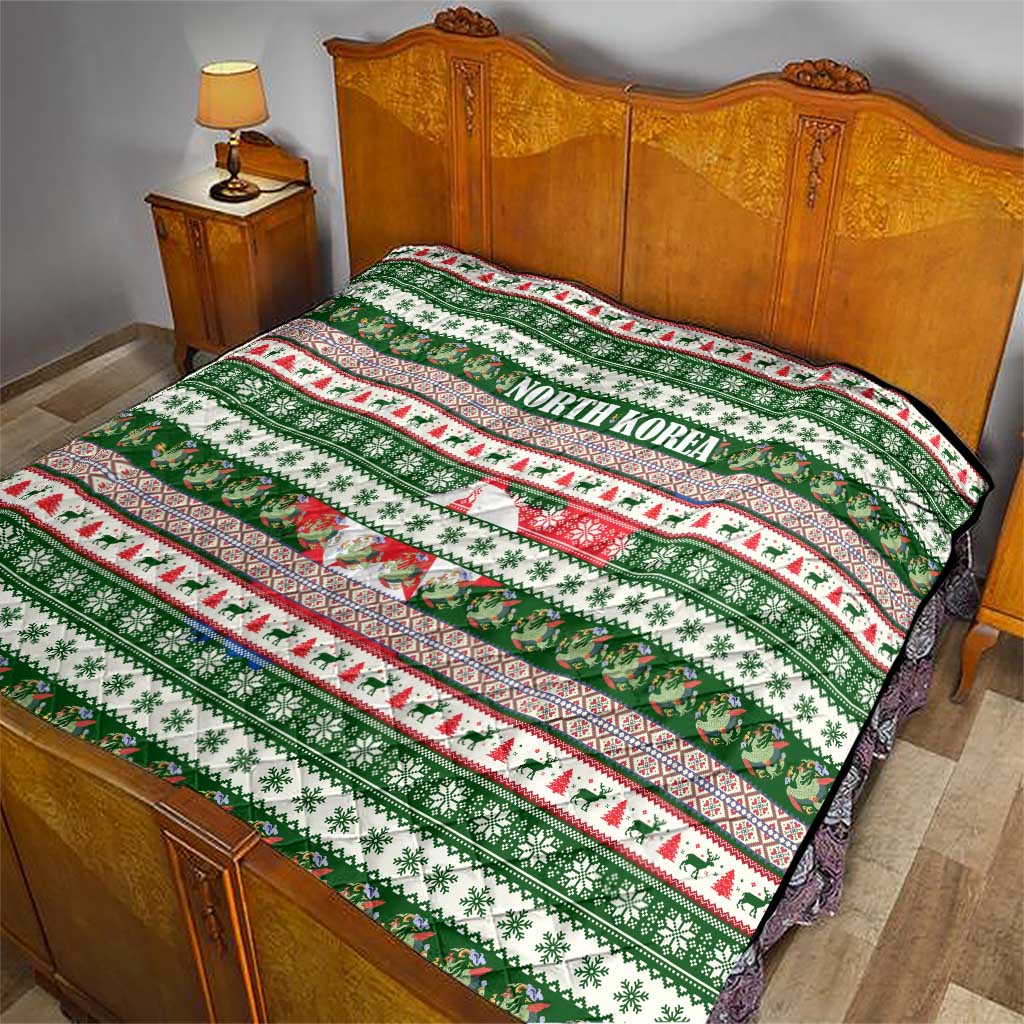 North Korea Christmas Quilt with Green-Red Design, National Emblem, and Festive Snowflake Motif - Wonder Print Shop
