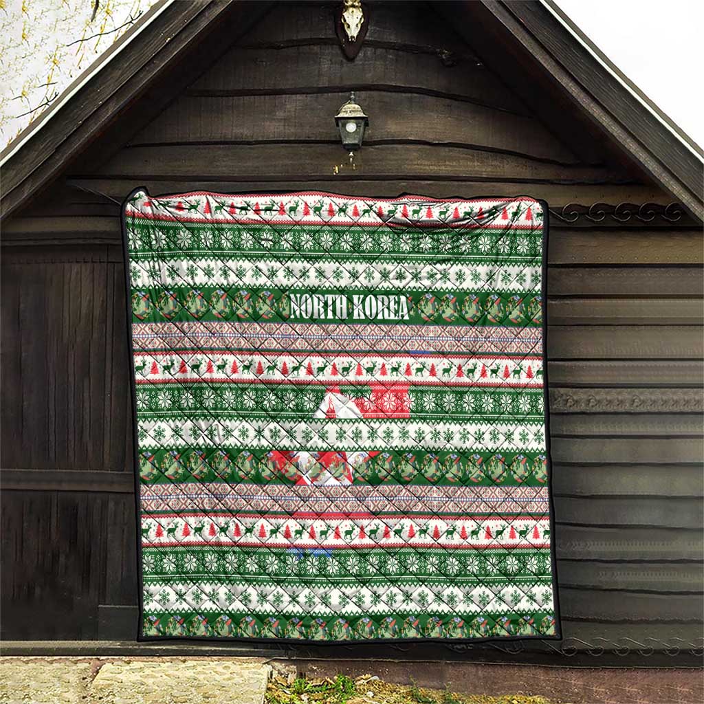 North Korea Christmas Quilt with Green-Red Design, National Emblem, and Festive Snowflake Motif - Wonder Print Shop
