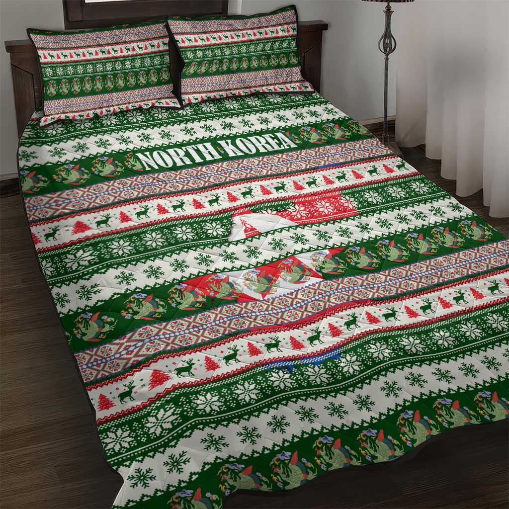 North Korea Christmas Quilt Bed Set with Green-Red Design, National Emblem, and Festive Snowflake Motif - Wonder Print Shop