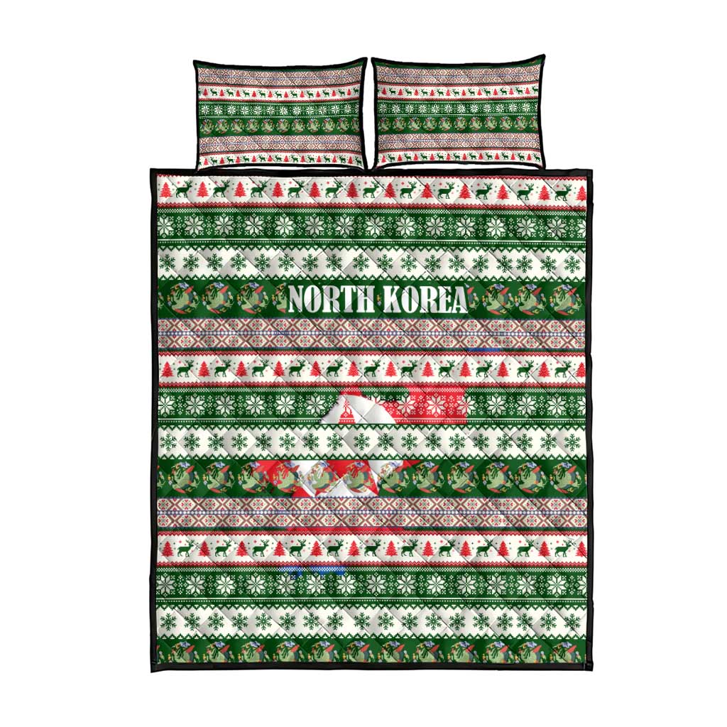 North Korea Christmas Quilt Bed Set with Green-Red Design, National Emblem, and Festive Snowflake Motif - Wonder Print Shop