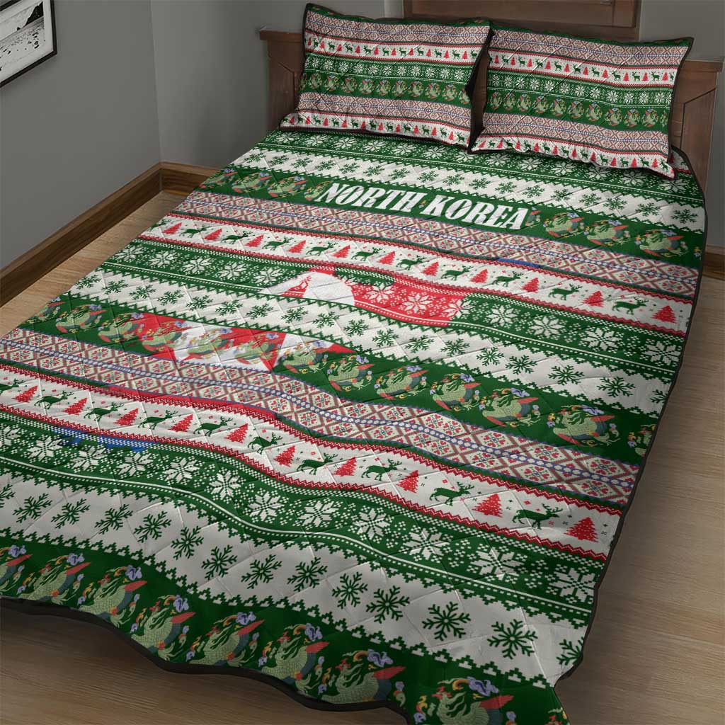 North Korea Christmas Quilt Bed Set with Green-Red Design, National Emblem, and Festive Snowflake Motif - Wonder Print Shop