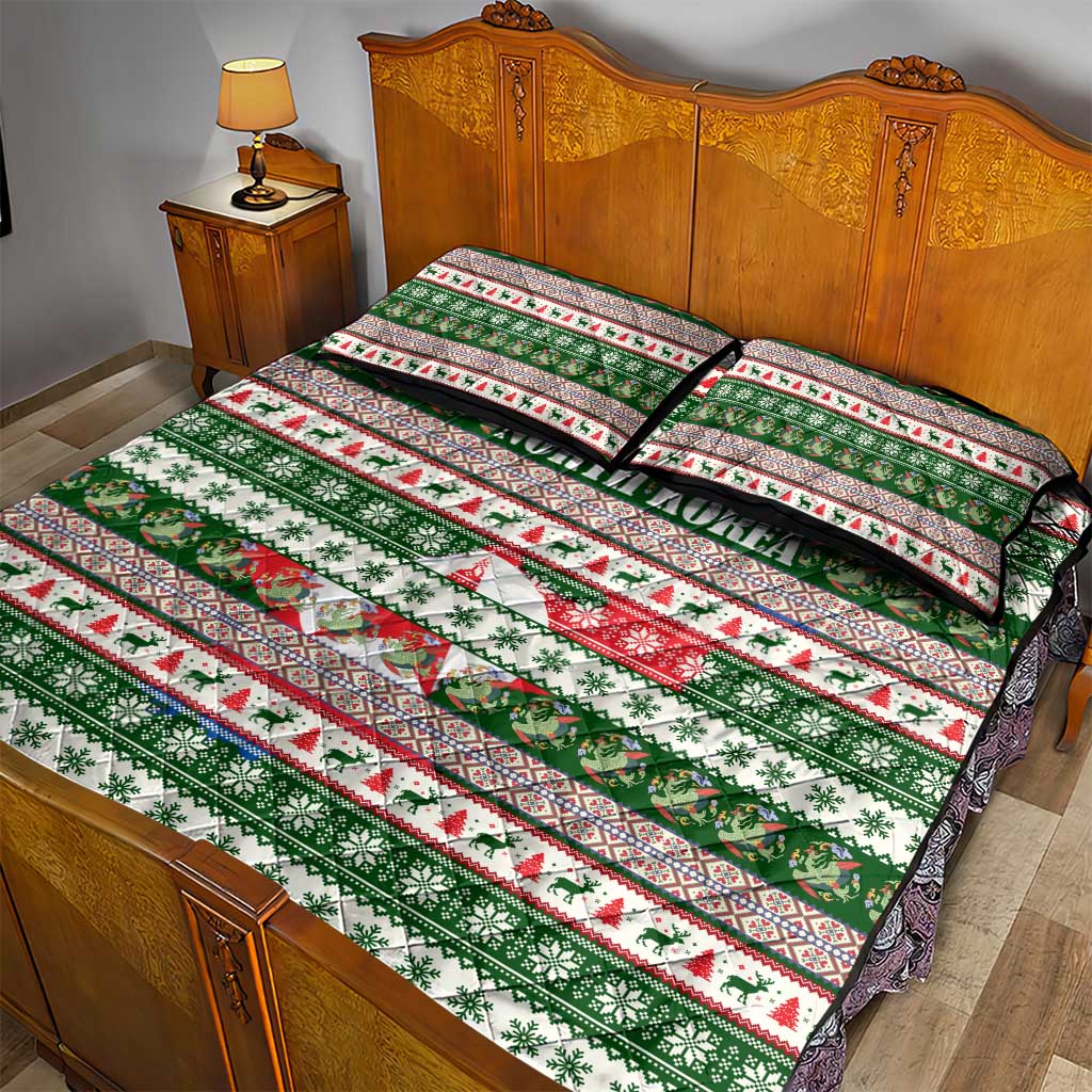 North Korea Christmas Quilt Bed Set with Green-Red Design, National Emblem, and Festive Snowflake Motif - Wonder Print Shop