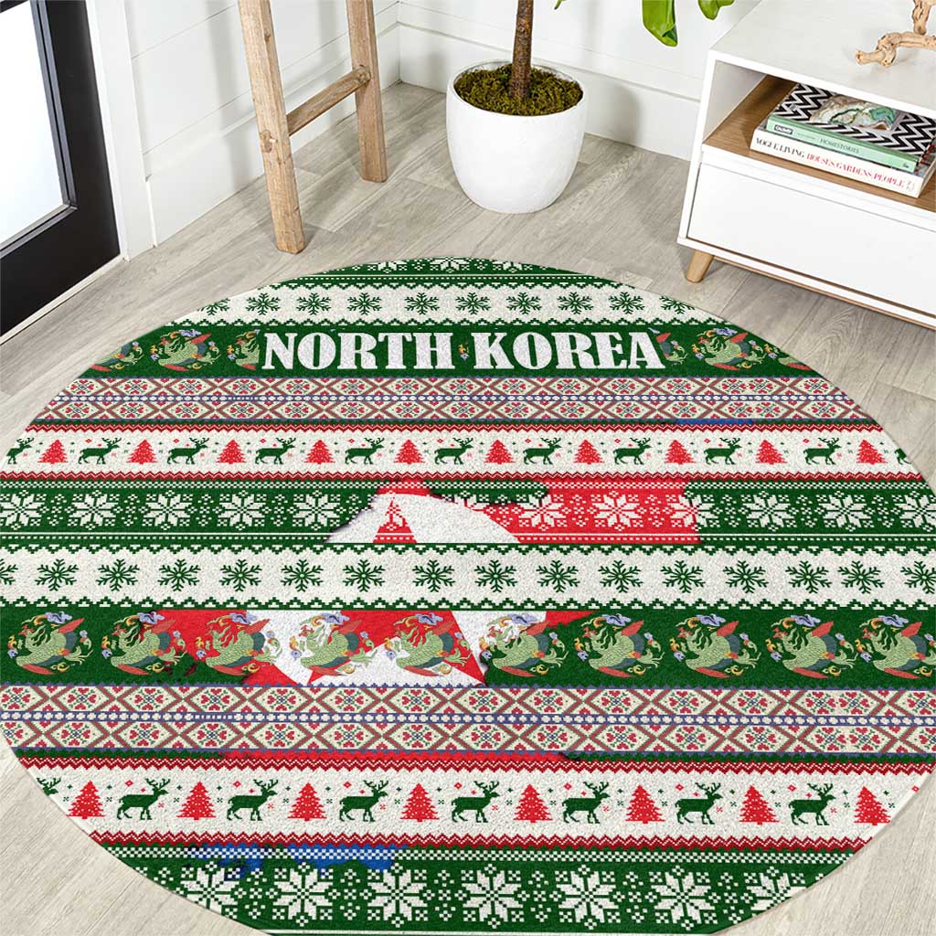 North Korea Christmas Round Carpet with Green-Red Design, National Emblem, and Festive Snowflake Motif - Wonder Print Shop
