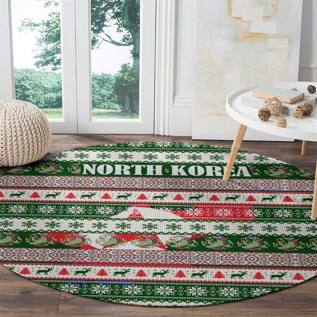 North Korea Christmas Round Carpet with Green-Red Design, National Emblem, and Festive Snowflake Motif - Wonder Print Shop
