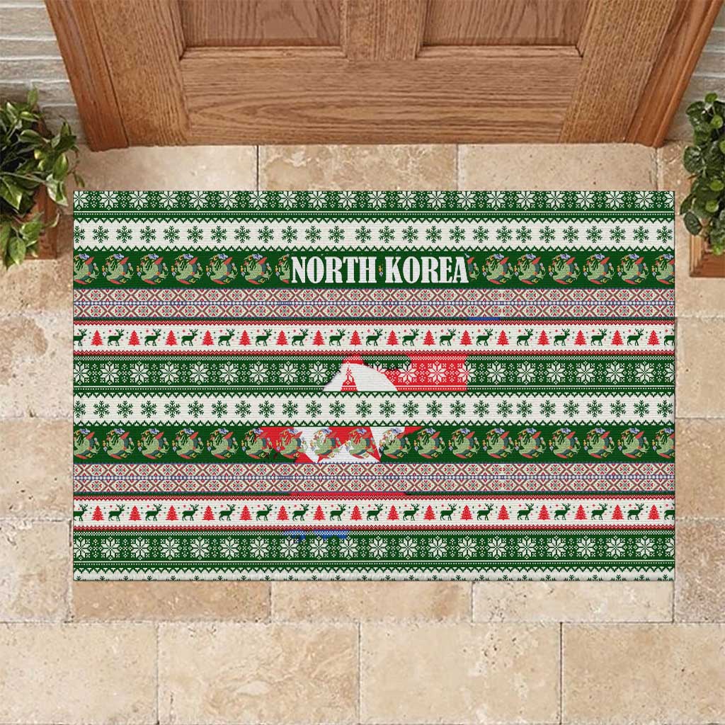 North Korea Christmas Rubber Doormat with Green-Red Design, National Emblem, and Festive Snowflake Motif - Wonder Print Shop