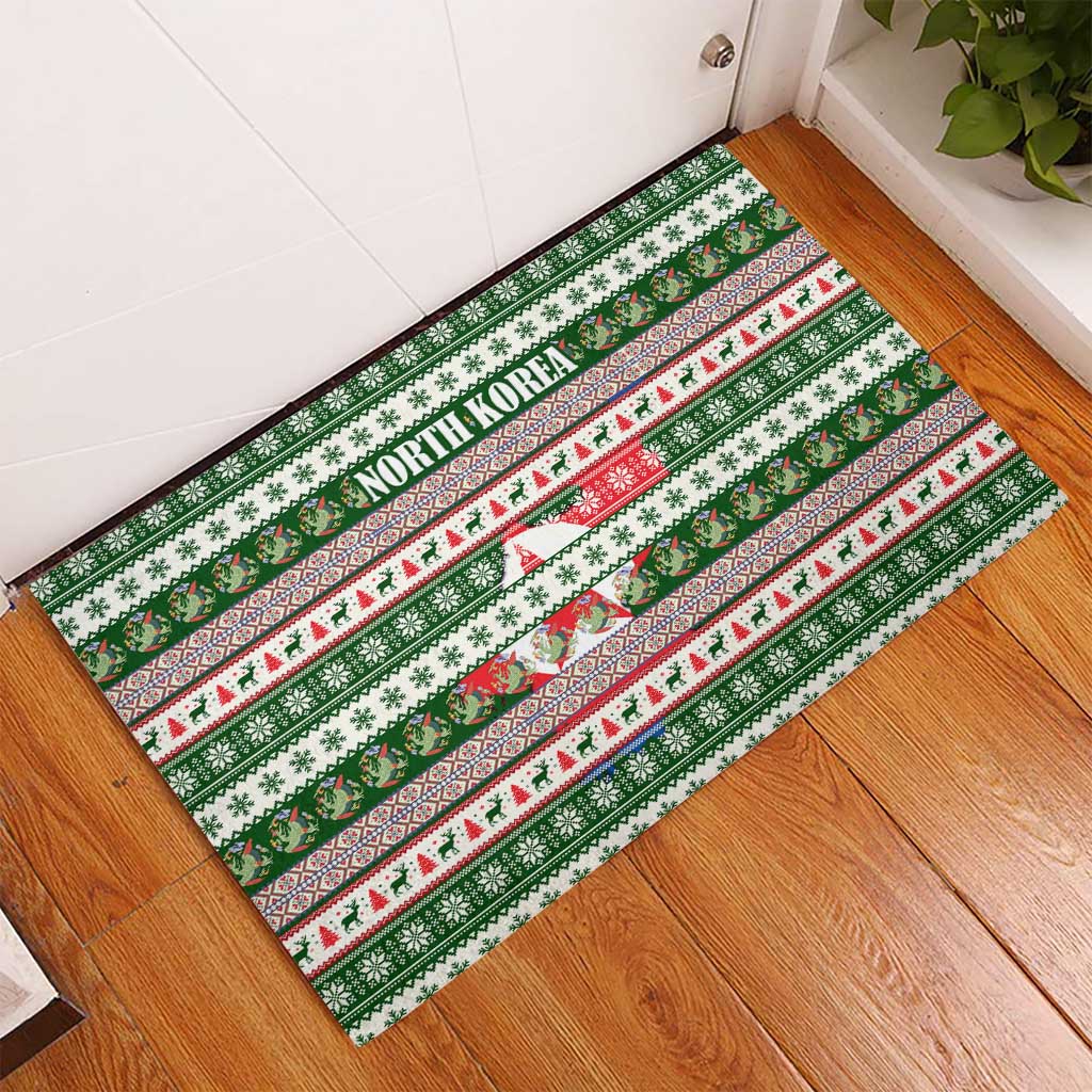 North Korea Christmas Rubber Doormat with Green-Red Design, National Emblem, and Festive Snowflake Motif - Wonder Print Shop