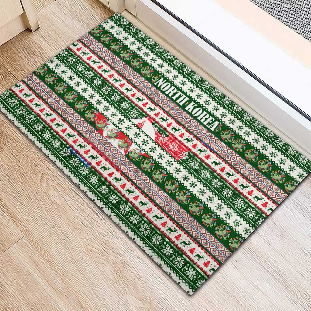 North Korea Christmas Rubber Doormat with Green-Red Design, National Emblem, and Festive Snowflake Motif - Wonder Print Shop