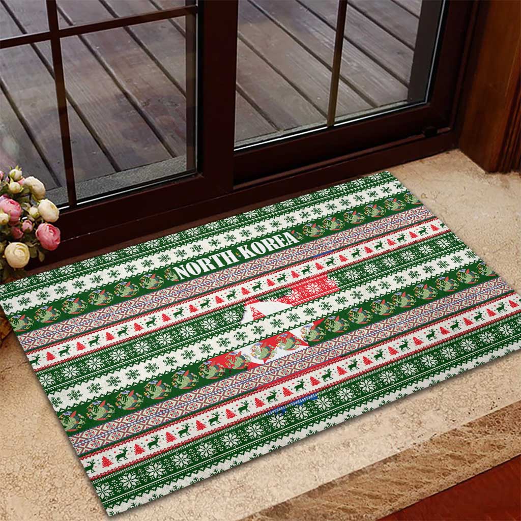 North Korea Christmas Rubber Doormat with Green-Red Design, National Emblem, and Festive Snowflake Motif - Wonder Print Shop