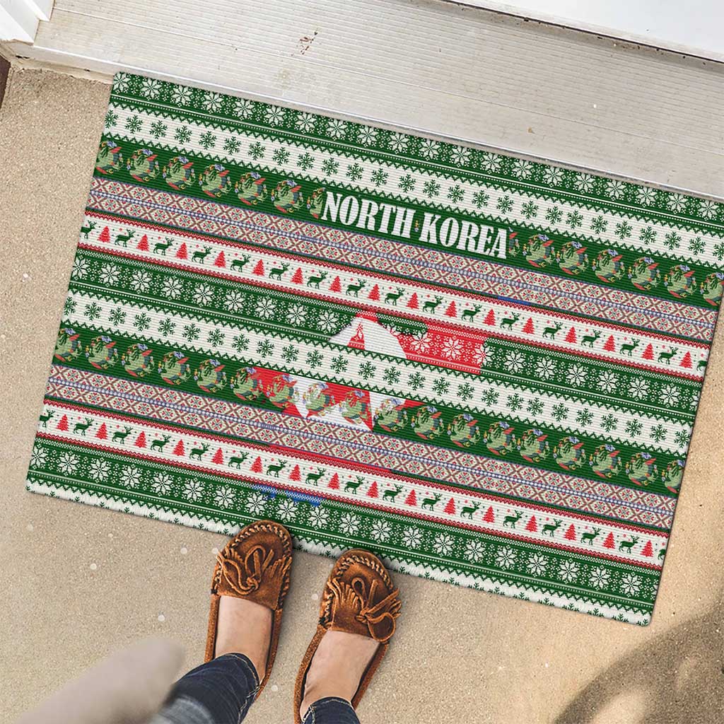 North Korea Christmas Rubber Doormat with Green-Red Design, National Emblem, and Festive Snowflake Motif - Wonder Print Shop