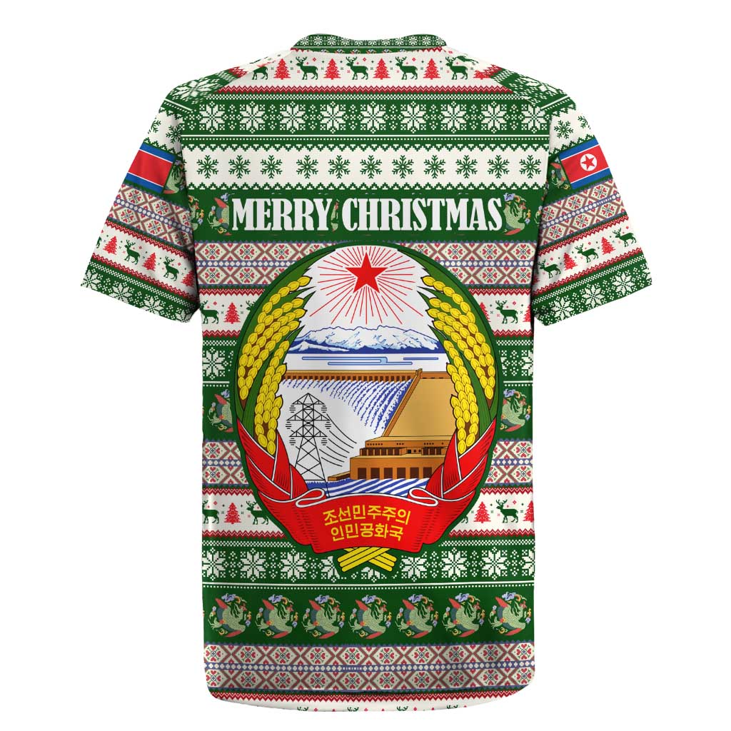 North Korea Christmas Rugby Jersey with Green-Red Design, National Emblem, and Festive Snowflake Motif - Wonder Print Shop