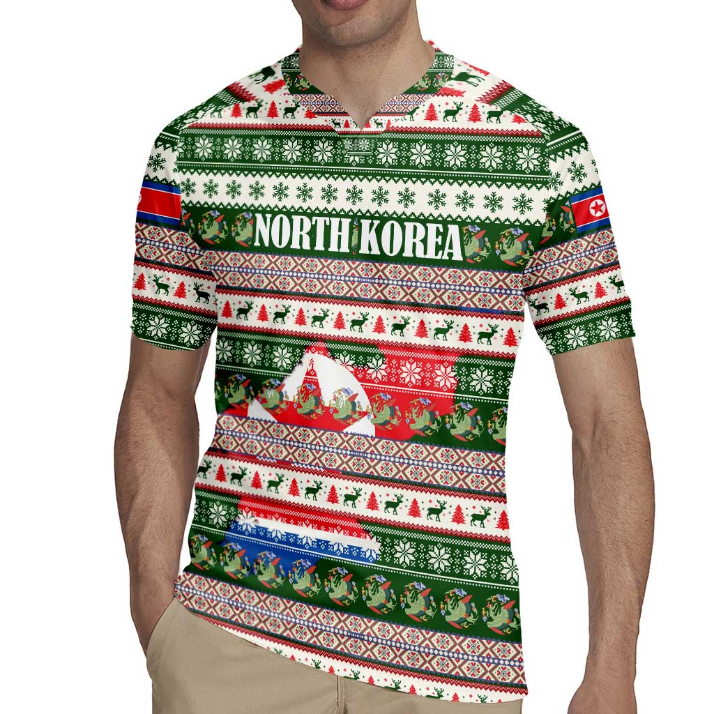 North Korea Christmas Rugby Jersey with Green-Red Design, National Emblem, and Festive Snowflake Motif - Wonder Print Shop