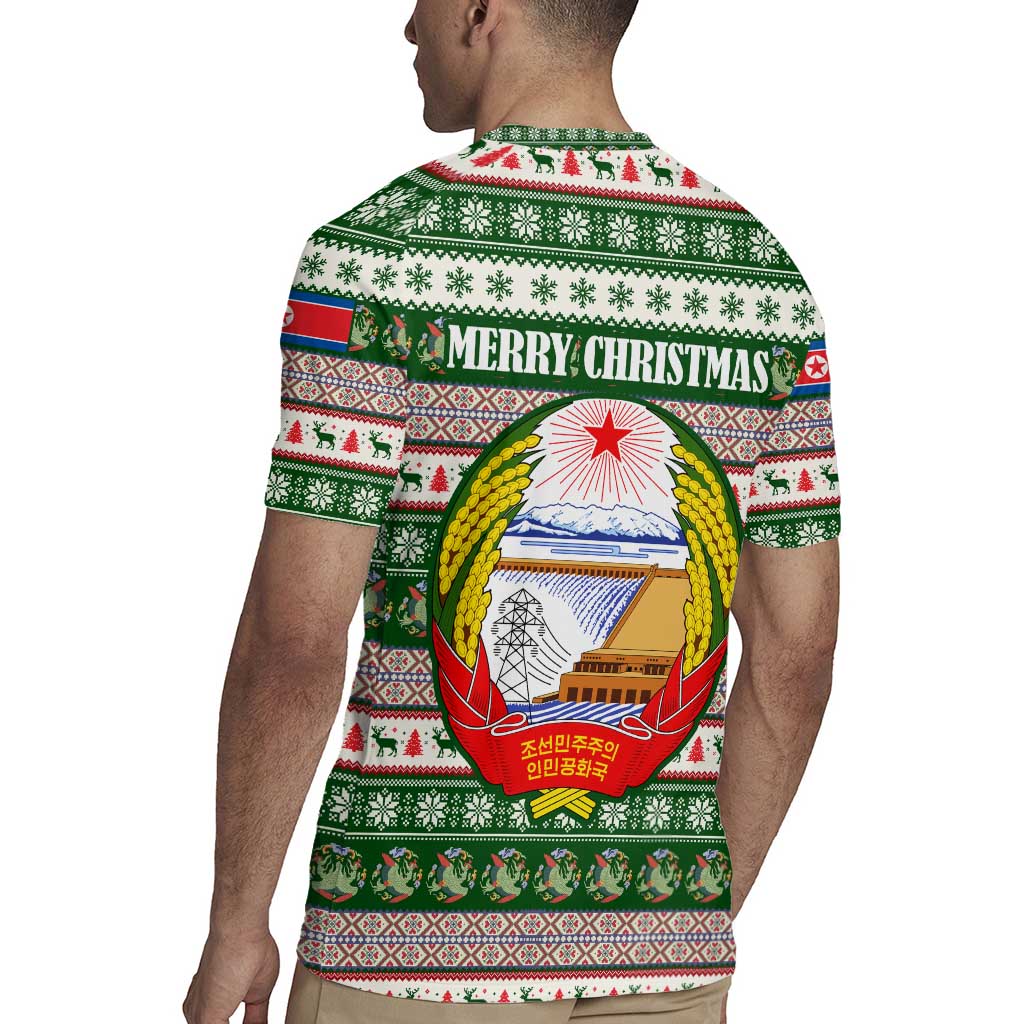 North Korea Christmas Rugby Jersey with Green-Red Design, National Emblem, and Festive Snowflake Motif - Wonder Print Shop